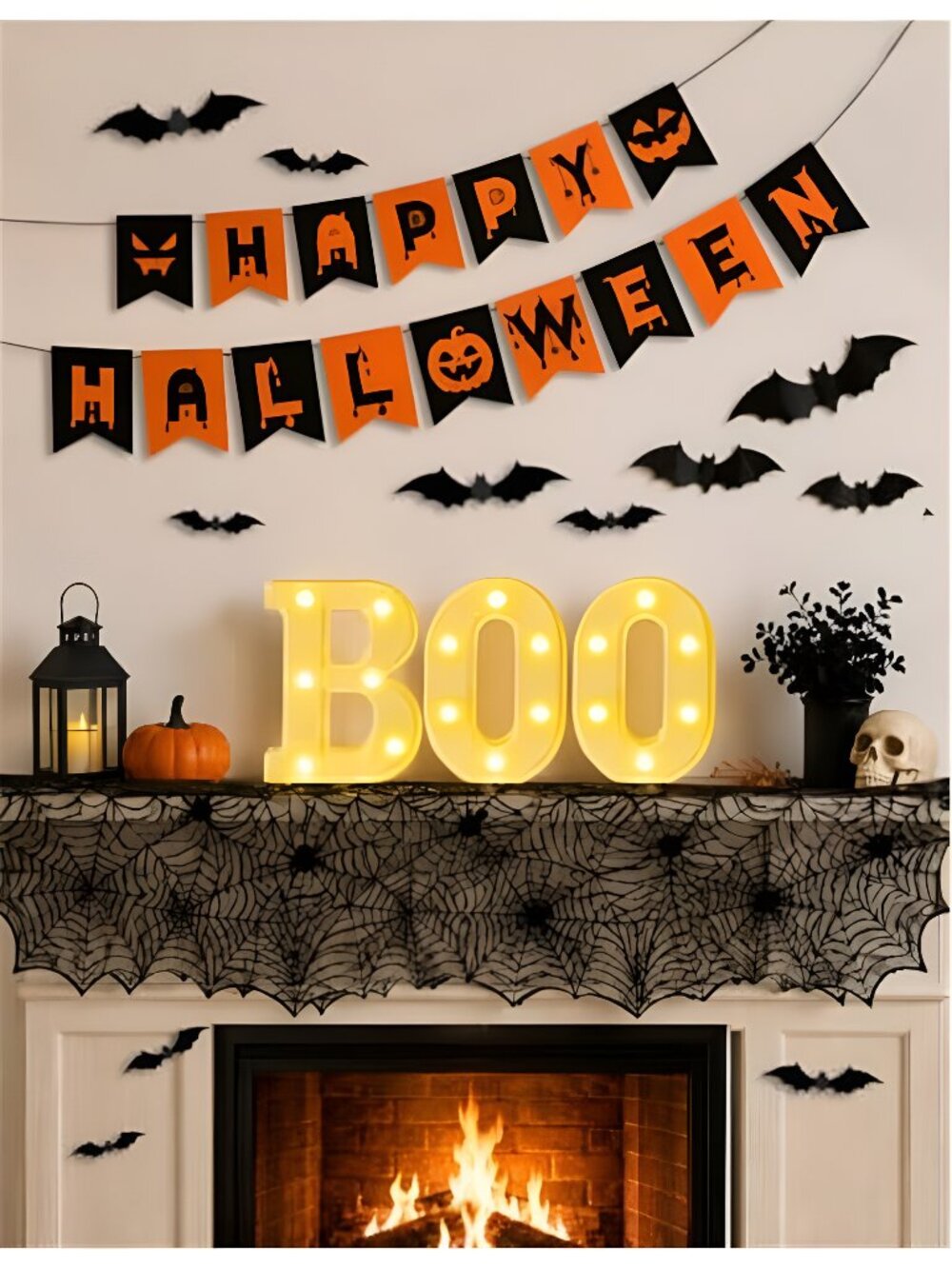 Halloween Decorations Set with BOO Light, 34 Bats, Banner and Tablecloth